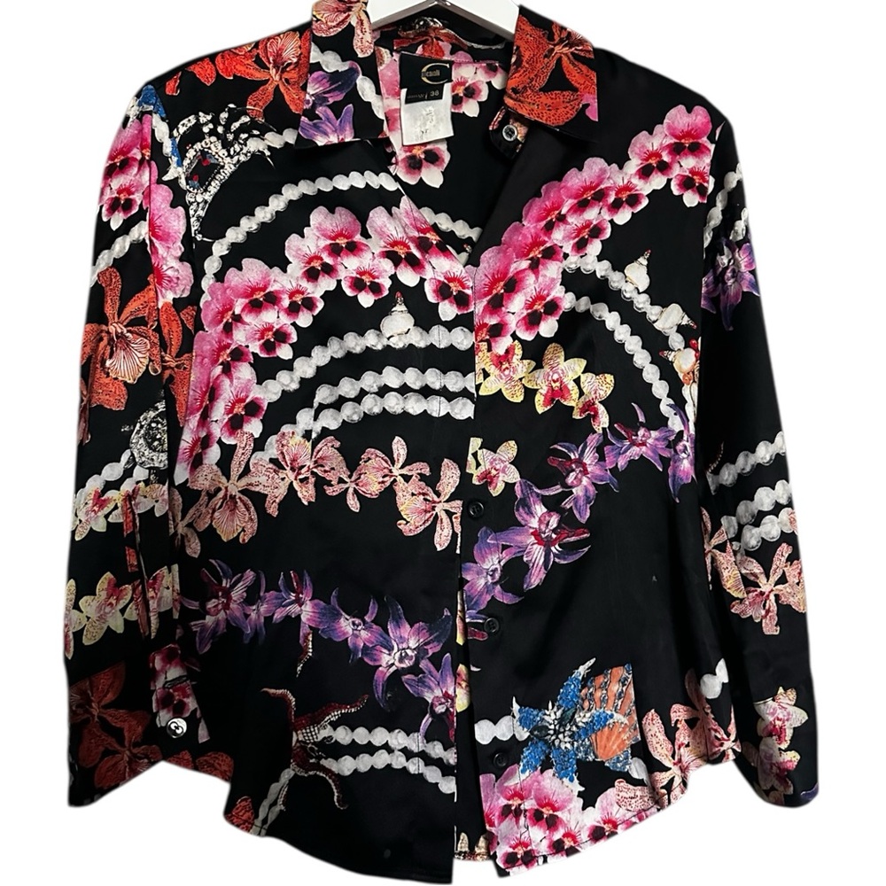 Authentic Just Cavalli button down silk shirt- unique flowery design Sz 38